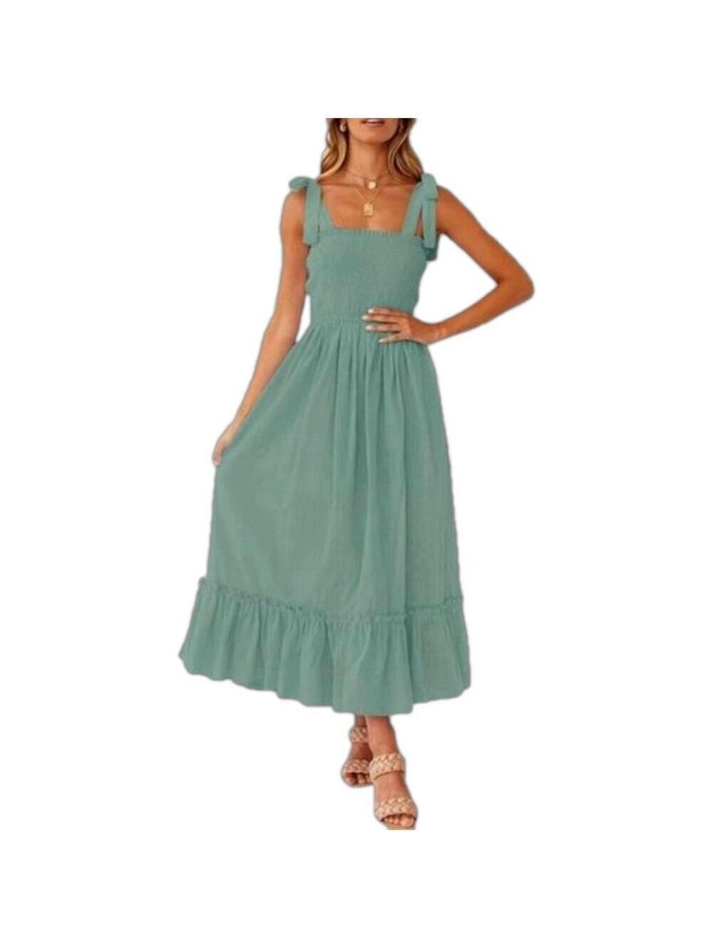 ZESICA Women's Boho Spaghetti Strap Square Neck Ruffle A-Line Long Maxi Dress